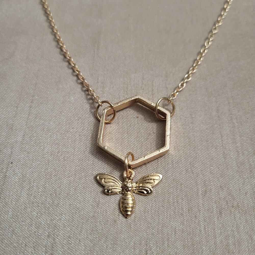 Bumble Bee Honeycomb Geometric Gold Tone Necklace